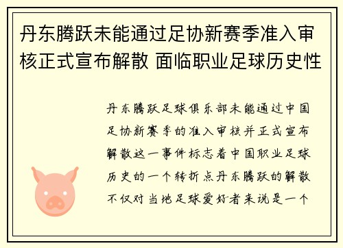 丹东腾跃未能通过足协新赛季准入审核正式宣布解散 面临职业足球历史性转折