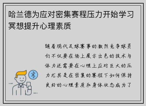 哈兰德为应对密集赛程压力开始学习冥想提升心理素质